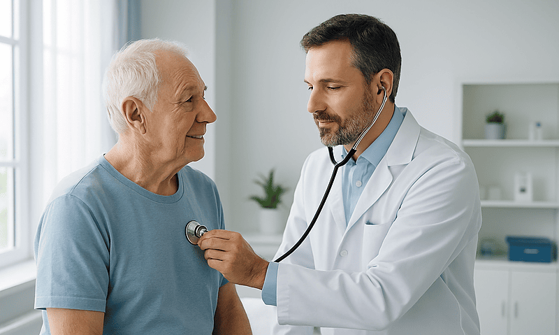 Doctor examining elderly patient with stethoscope in clinic setting.
