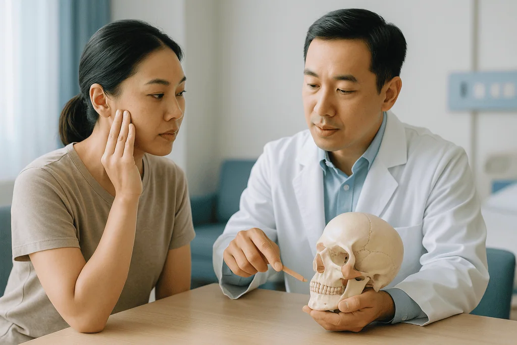Doctor explaining facial anatomy using skull model to patient: How is cheekbone reduction done? The three steps in plain lan
