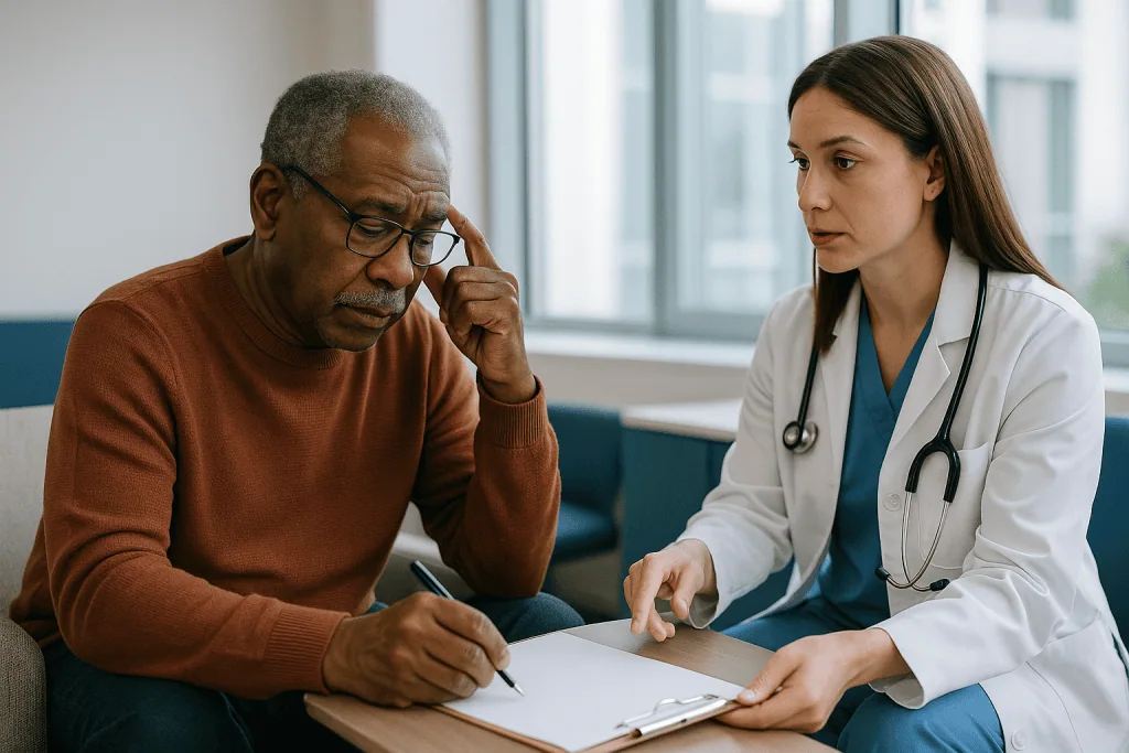 Doctor consulting with older male patient in office: How is cognitive impairment diagnosed before treatment begins?
