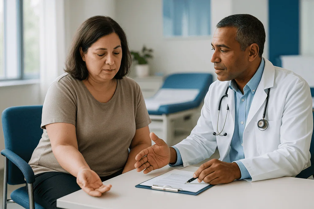 Doctor consulting with female patient at desk: How is Cushing syndrome diagnosed? The three-stage pathway endocrinologists f