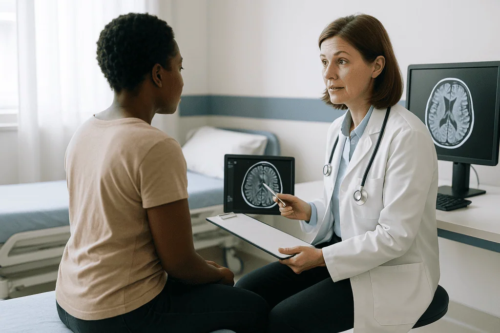 Doctor reviewing brain MRI scans with patient in consultation: How is demyelinating disease diagnosed: the logic of space an