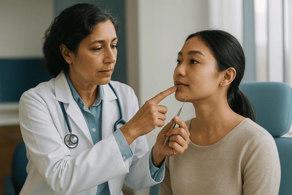 Doctor examining patient's mouth with dental tool: How is dimpleplasty done, step by step?