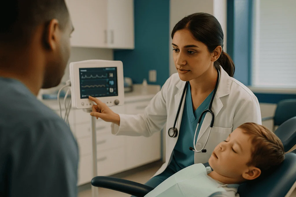 Pediatric dentist showing monitoring equipment to patient parent: How is each of the levels of pediatric dental sedation mon
