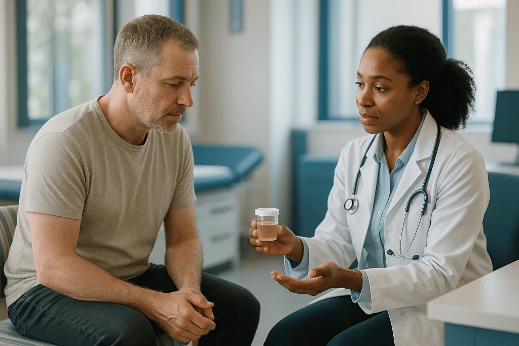 Doctor consulting with male patient, holding urine sample container: How is Fabry disease diagnosed? Which fabry disease dia