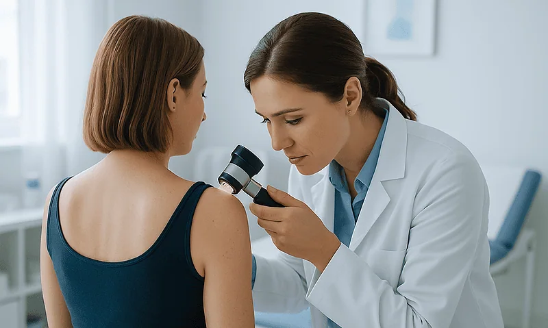 Dermatologist examining a patient's shoulder with a dermatoscope.