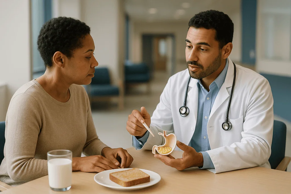 Doctor consulting patient about digestive health with food model: How is fat supposed to be digested in the first place?