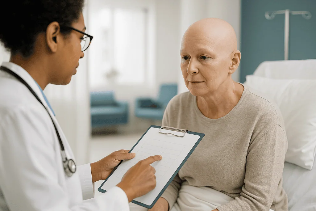 Doctor consulting with senior patient in clinical setting: How is GVHD graded before treatment begins?