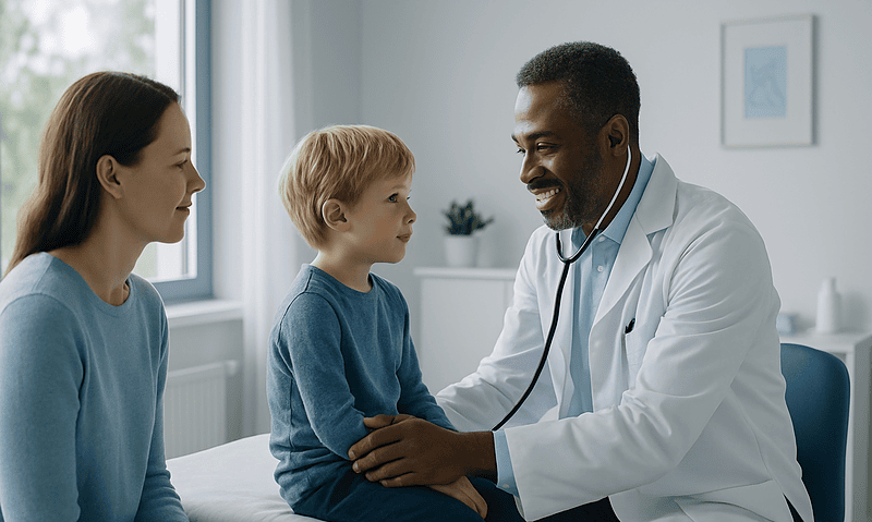 Pediatric doctor examining a young boy with his mother in a clinic.