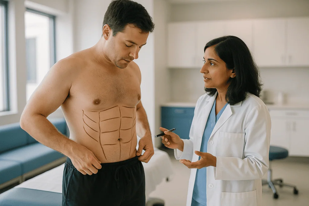 Cosmetic surgeon consulting with shirtless male patient: How is hi def liposuction done? The mapping stage