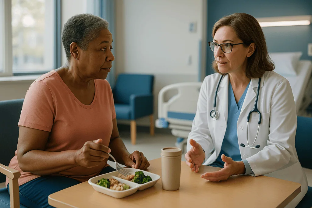 Doctor consulting patient about nutrition and healthy eating: How is high potassium treated? Three jobs happening at once