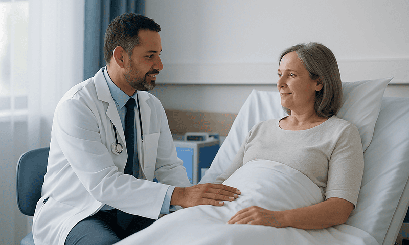 Doctor consulting with a female patient in hospital bed.
