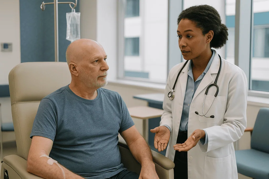 Doctor consulting with male patient in clinical setting: How is immunotherapy given for melanoma? Infusion day, hour by hour