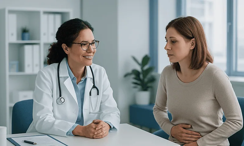 Doctor consulting with a patient in a modern medical office.
