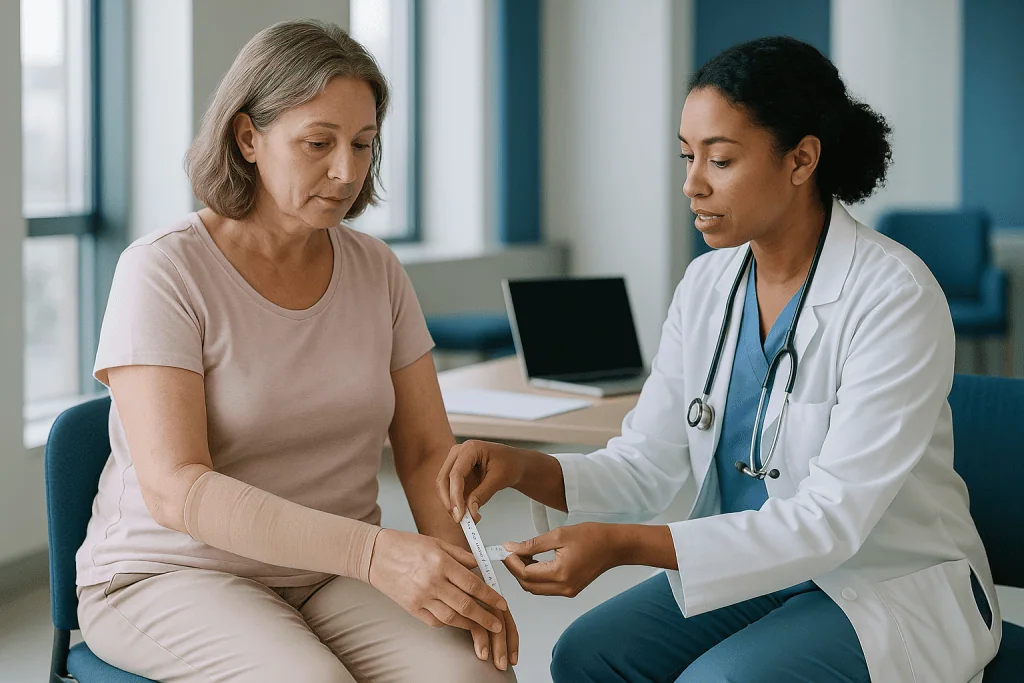Doctor examining patient's bandaged arm in clinical setting: How is lymphedema monitored after breast cancer surgery?