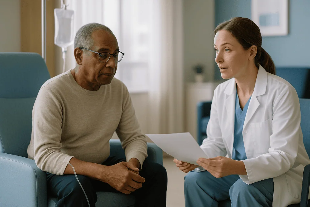Doctor consulting with male patient, holding document: How is mds blood transfusion frequency decided?