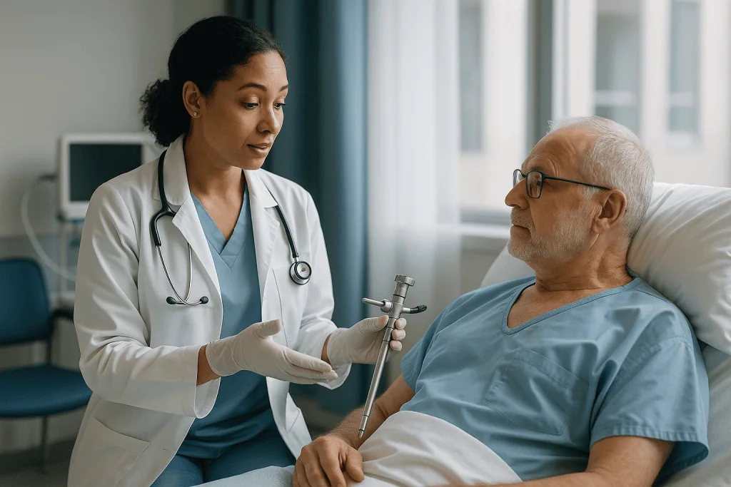 Doctor consulting elderly patient with respiratory instrument: How is mediastinoscopy performed? The procedure step by step