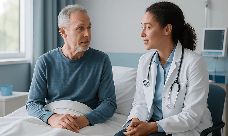 Doctor consulting with elderly male patient in hospital room.
