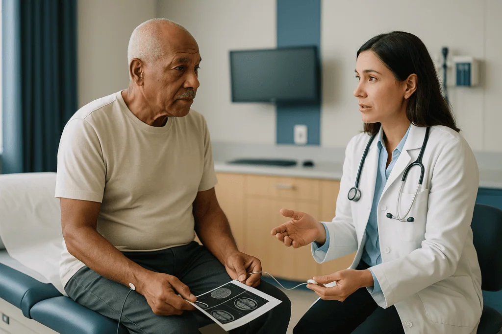 Doctor consulting with older male patient over medical scans: How is motor neurone disease diagnosed? What actually happens 