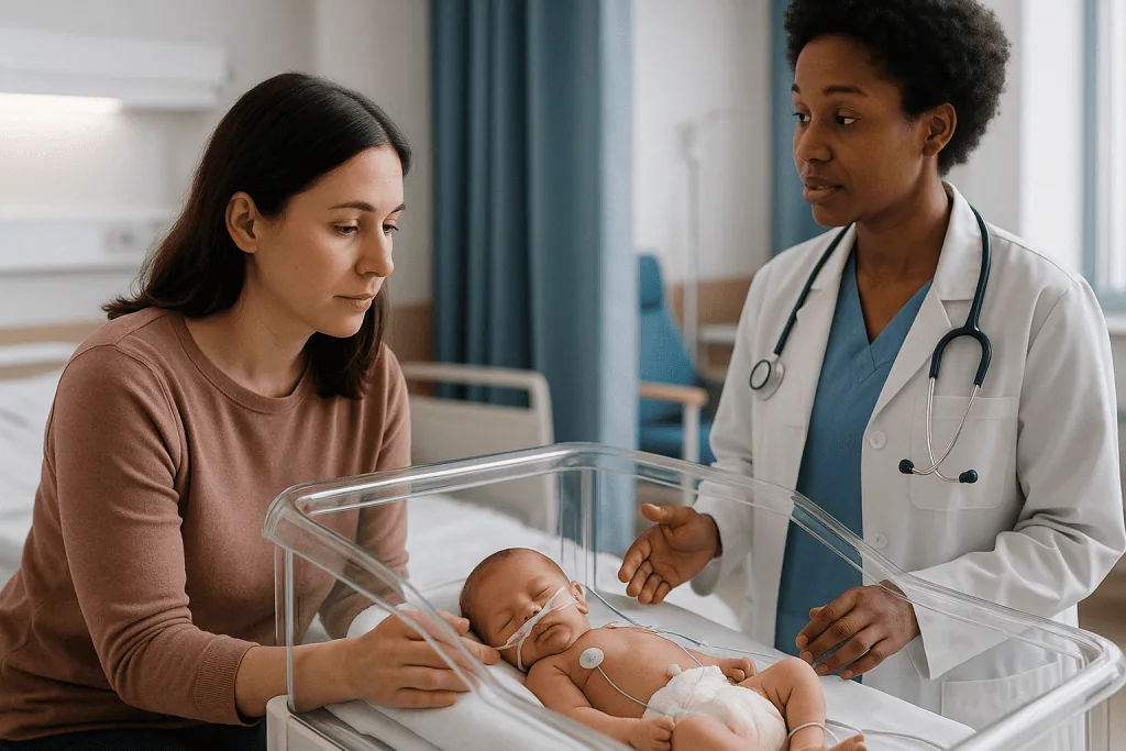 Doctor discussing newborn care with mother at bedside: How is neonatal sepsis treated in the NICU? What actually happens