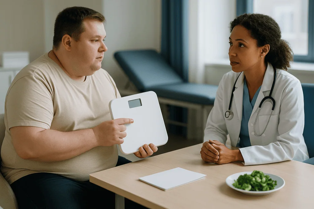 Doctor consulting patient about weight management with scale: How is obesity diagnosed, and why BMI is only the starting poi