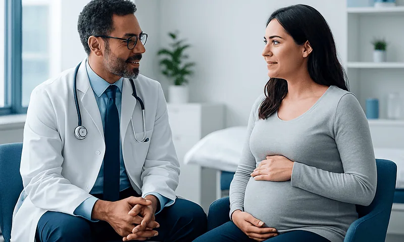 Doctor consulting pregnant woman in a medical office.