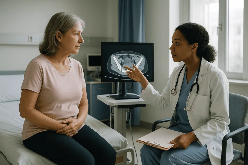 Doctor explaining CT scan imaging to middle-aged female patient: How is ovarian cancer staged, and why is surgery often the 