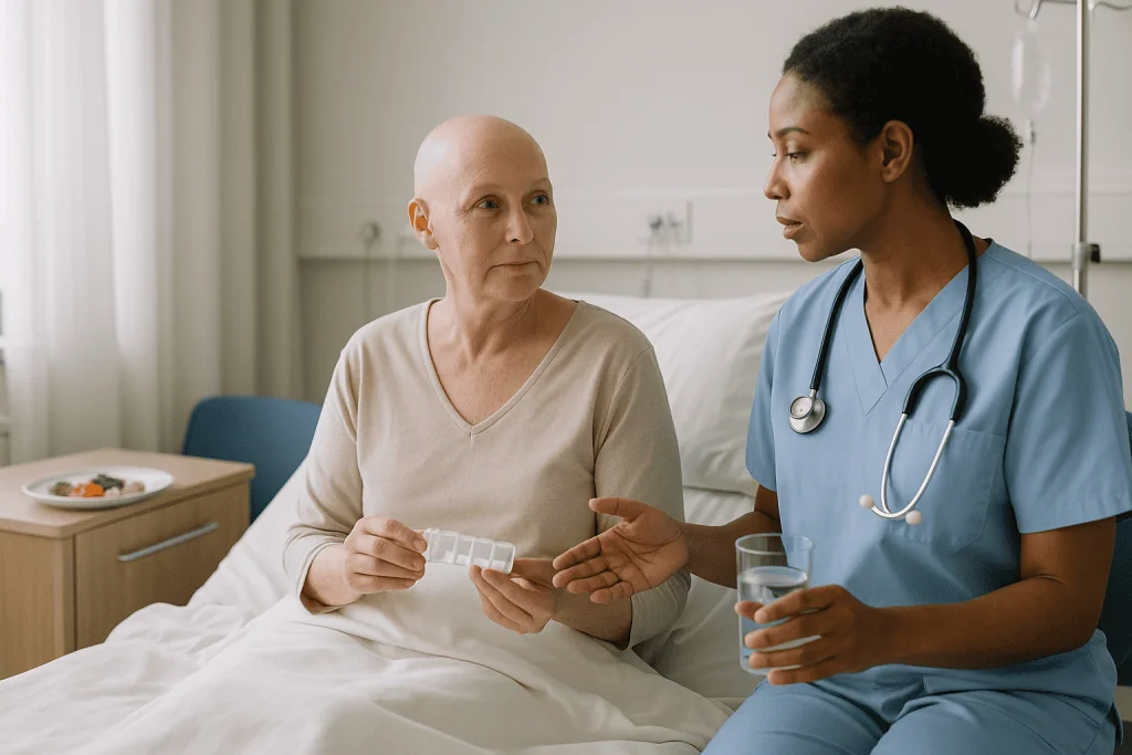 Nurse consulting with bald female patient in hospital room: How is pain after mastectomy managed in hospital and at home?