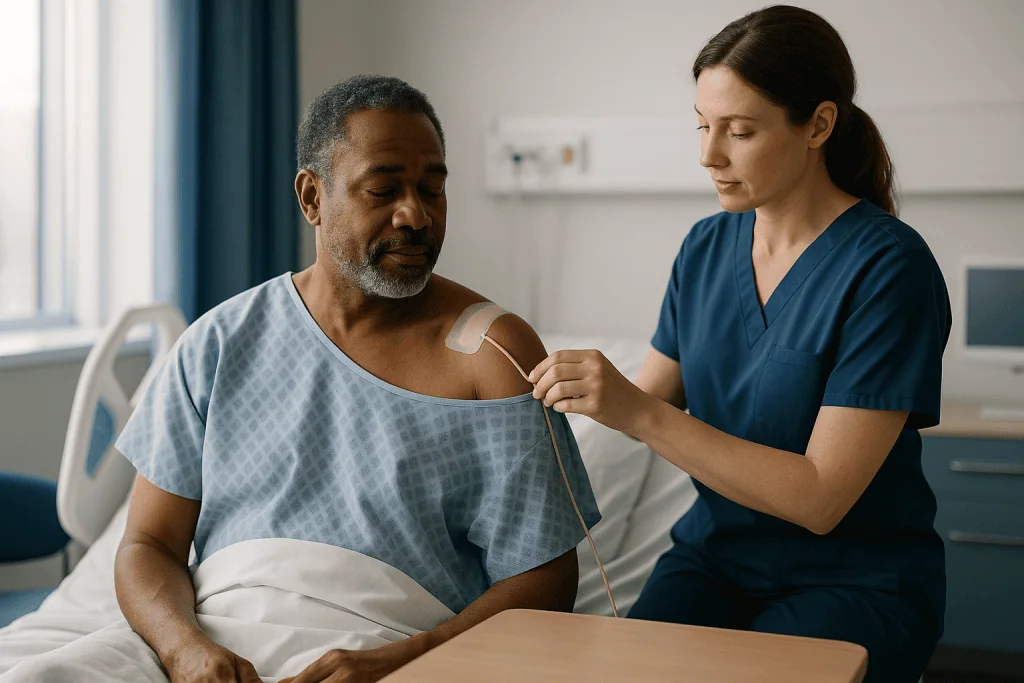 Nurse examining patient shoulder in hospital room: How is pain after shoulder replacement managed in the first 24 hours?