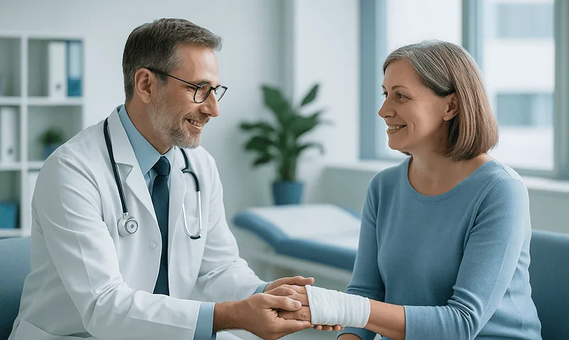 How Is Pain Managed After Hand Surgery? Elevation, Splints and Safe Relief 4 Doctor examining patient's hand after surgery in a medical clinic.
