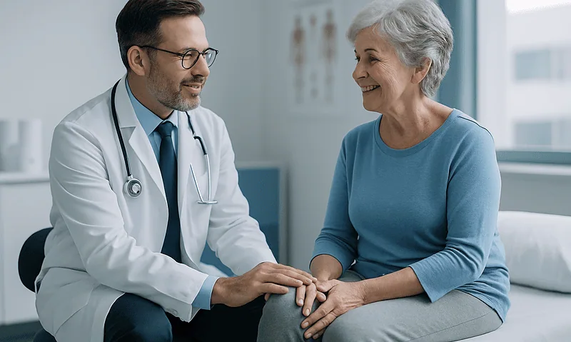 Doctor consulting with an elderly woman in a hospital setting.