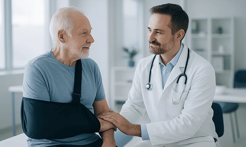 Doctor consulting with an elderly patient with arm injury in a hospital.