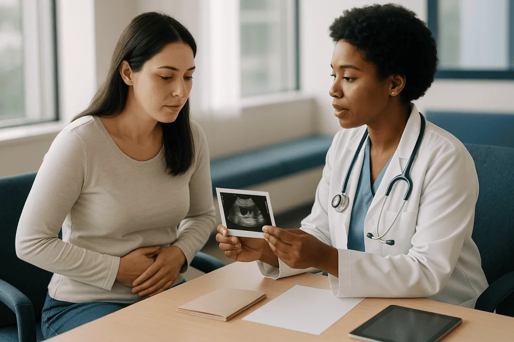 Doctor discussing ultrasound scan with pregnant patient: How is PCOS actually diagnosed? The two-of-three rule