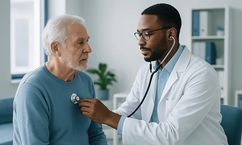 Doctor examining elderly patient with stethoscope in clinic setting.