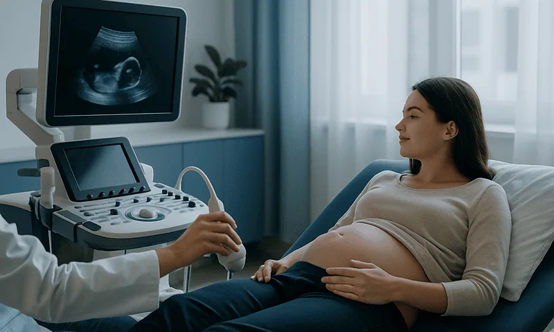 Pregnant woman undergoing ultrasound examination at hospital.