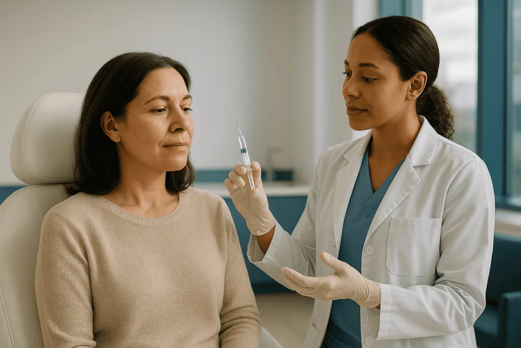 Doctor consulting patient about injectable treatment: How is Profhilo supposed to work in the skin?