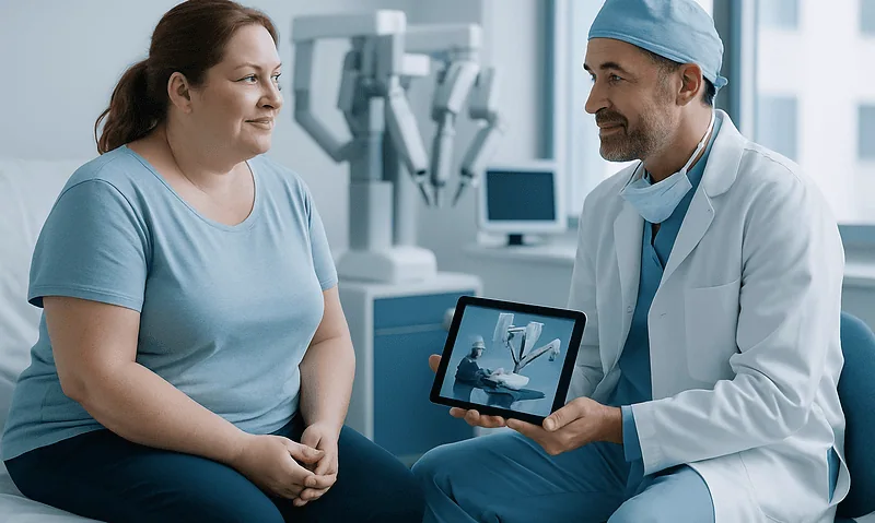 Doctor explains robotic bariatric surgery to patient in hospital.