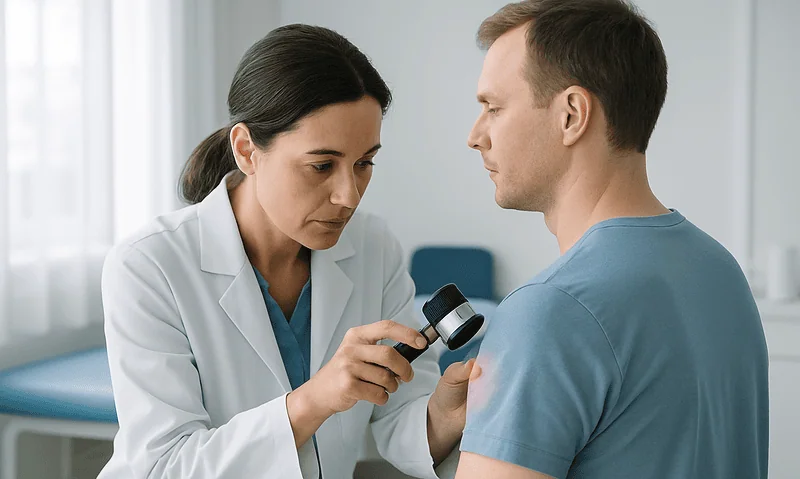 Doctor examining patient's skin with a dermatoscope in a clinical setting.