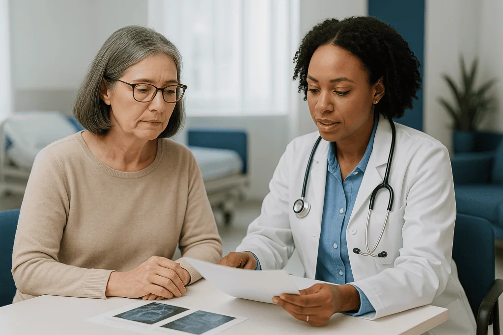 Doctor consulting with mature patient, reviewing medical documents: How is Sjögren's diagnosed? The pieces a rheumatologist 