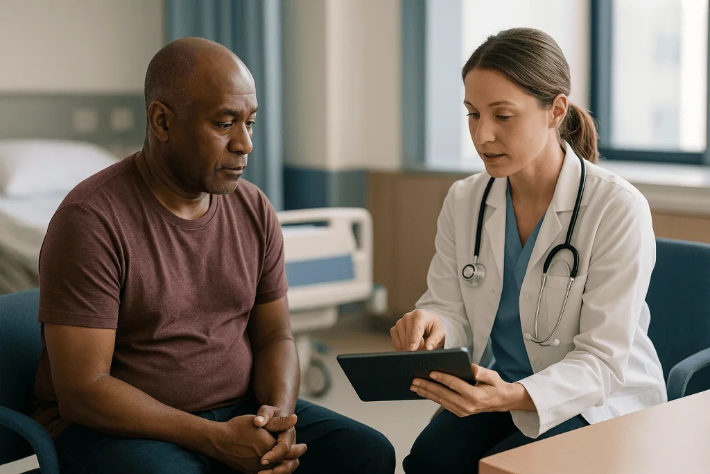 Doctor consulting patient with tablet in hospital room: How is TARE radioembolization performed? The two-visit shape of the 
