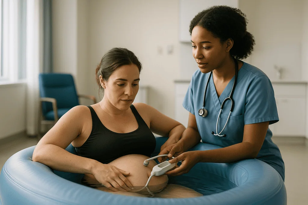 Pregnant woman receiving ultrasound examination from healthcare provider: How is the baby monitored during a water birth?