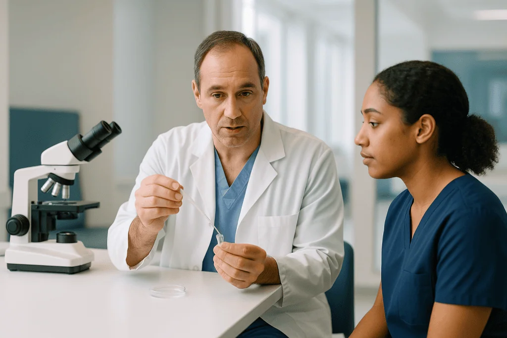 Doctor explaining procedure to nurse in laboratory setting: How is the sperm sample prepared for ICSI?