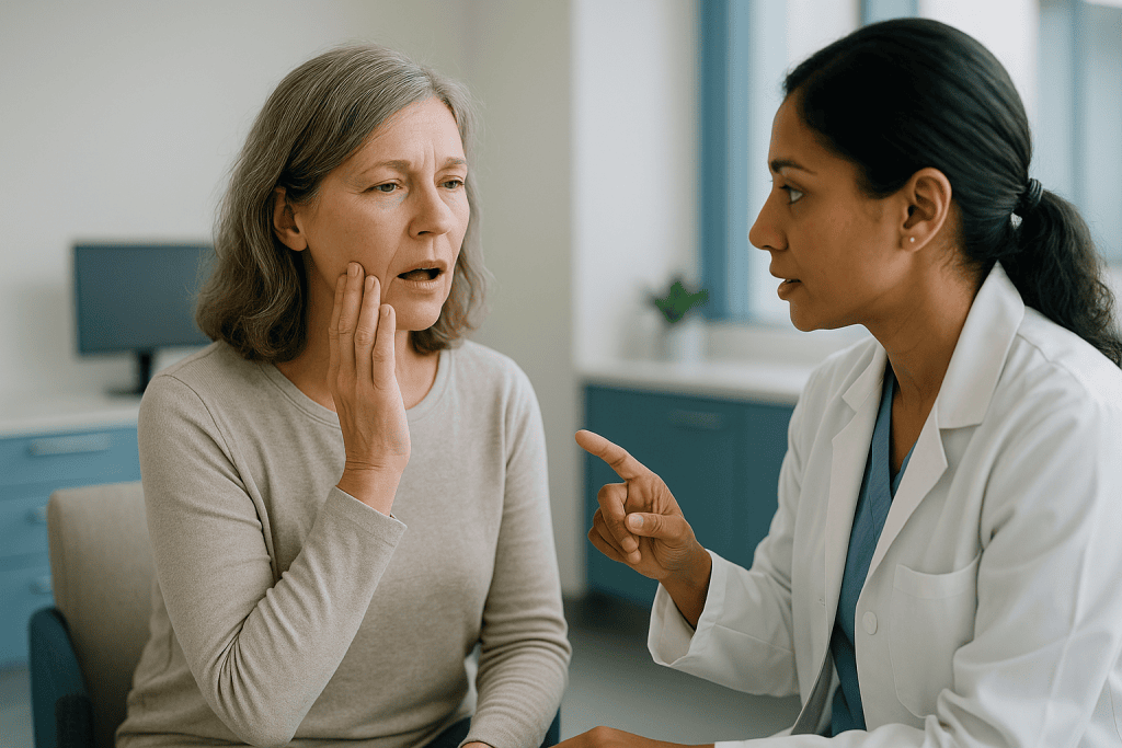 Doctor consulting patient about jaw/TMJ concerns in clinic: How is TMD diagnosed? It begins with the conversation