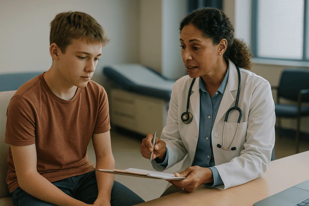 Doctor consulting with young boy patient in clinical setting: How is Tourette syndrome diagnosed? What actually happens in t