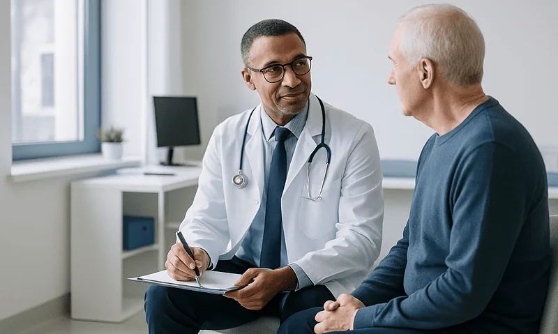Doctor consulting with elderly patient in a medical office.