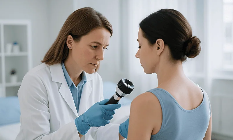 Doctor examining patient's arm with a dermatoscope in a clinical setting.