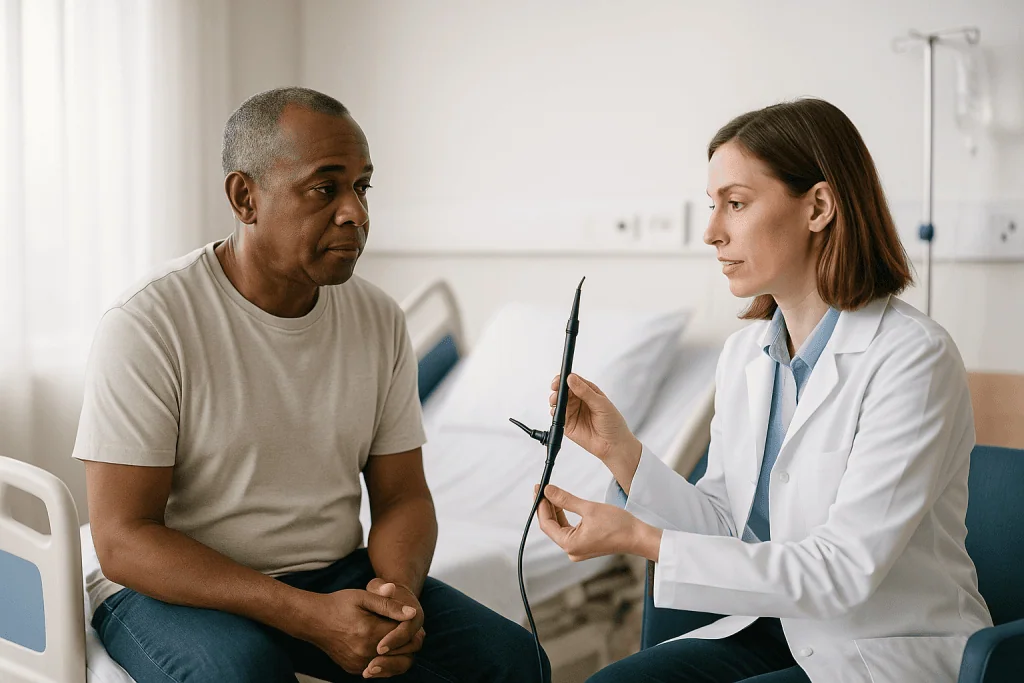 Doctor consulting patient with stethoscope in hospital room: How is ureteroscopy performed, step by step?