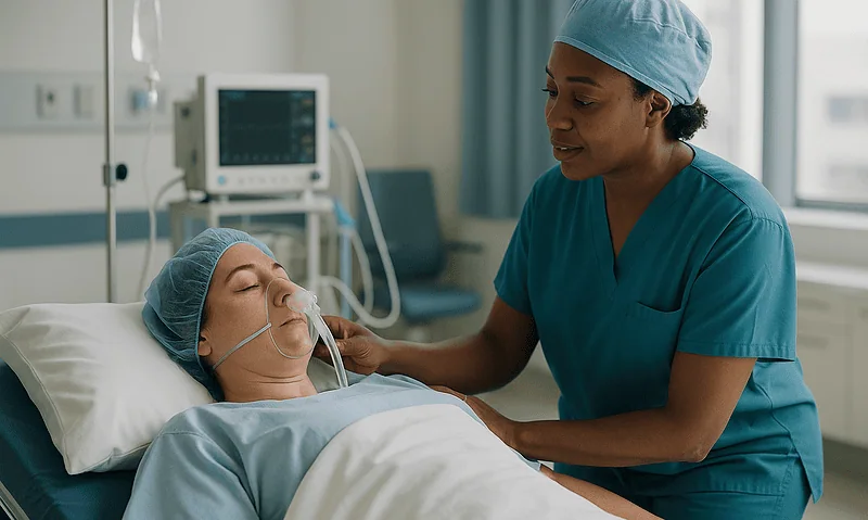 Medical professional caring for patient in hospital room.