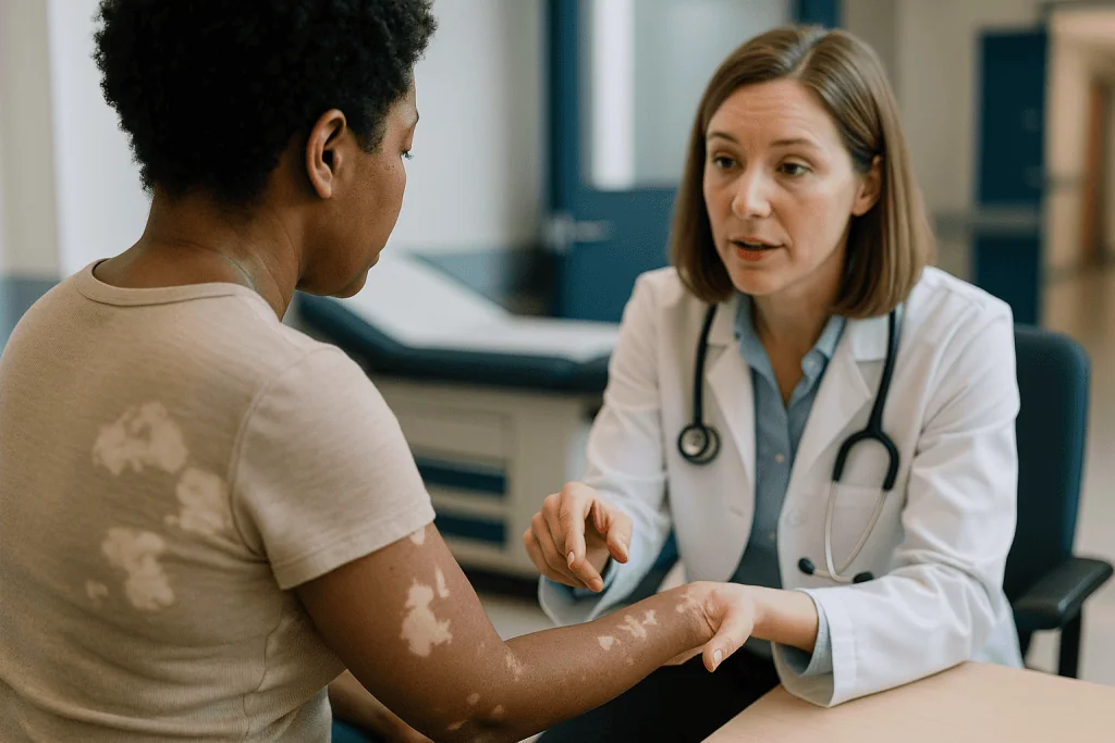 Doctor examining patient's arm with vitiligo patches: How is vitiligo activity measured in the clinic?