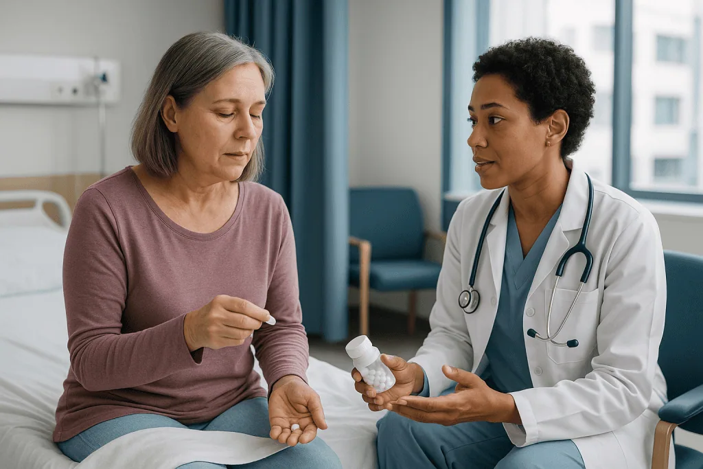 Doctor consulting with older female patient in hospital room: How is von Willebrand disease typically treated before surgery