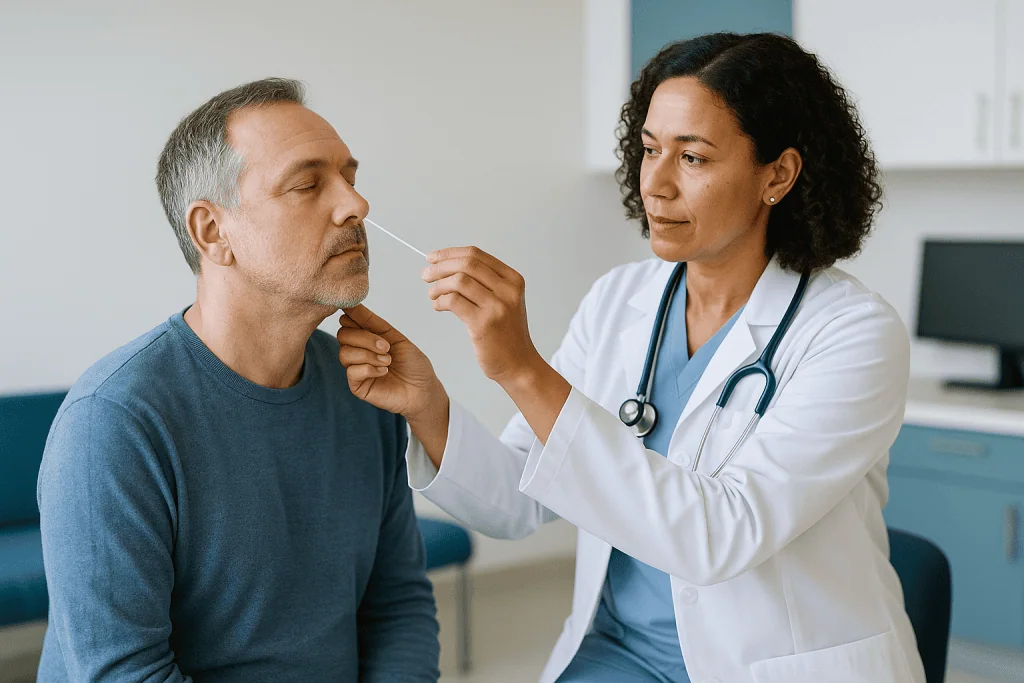 Doctor performing nasal swab test on adult male patient — How is whooping cough diagnosed? The three stages and what each mea